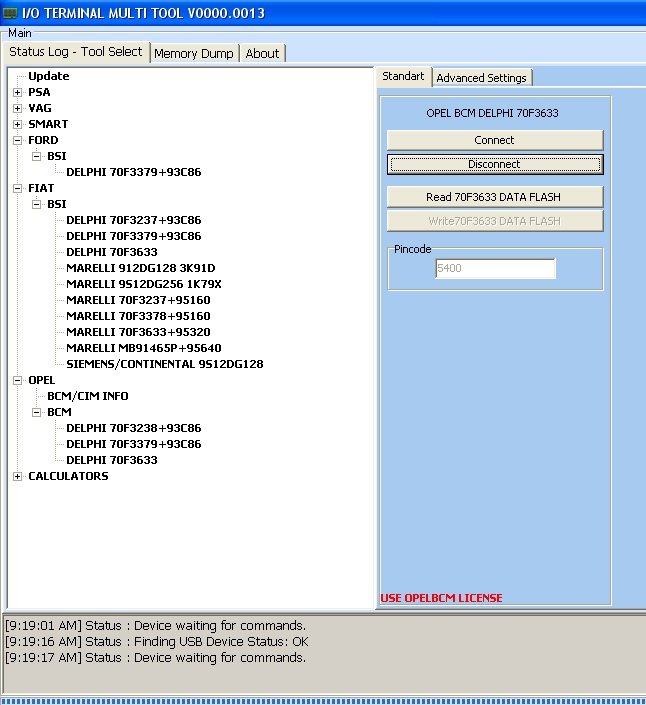 I / O TERMINAL OPEL BCM Software Screenshot